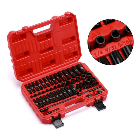 55 Piece 1/4 Inch Drive Master Impact Socket Set With Deep And Shallow Sockets 6 Point Beefy CR-V Steel Metric SAE in red case