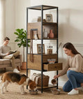 Two In One Pet Friendly Bookshelf With Built In Dog Food Storage And Feeding Station, 67 inch wood and metal cabinet with drawers