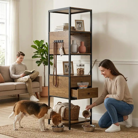 Two In One Pet Friendly Bookshelf With Built In Dog Food Storage And Feeding Station, 67 inch wood and metal cabinet with drawers