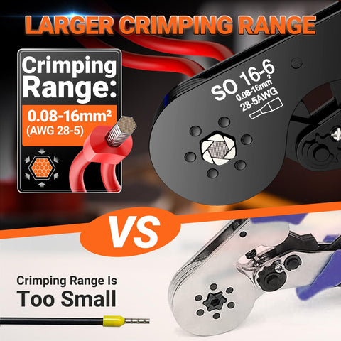 Ferrule Crimping Tool Kit Upgrade Double And Single Ferrules Connectors With Hexagonal Ratchet Jaw Wire Crimping Pliers AWG 28 To 5 And 1200 Pcs Terminal Connector Sleeves larger crimping range comparison