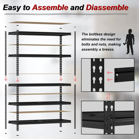 Heavy Duty Five Tier Metal Storage Rack With Ultra High Load Capacity 3850 Lbs assembly diagram showing boltless frame setup