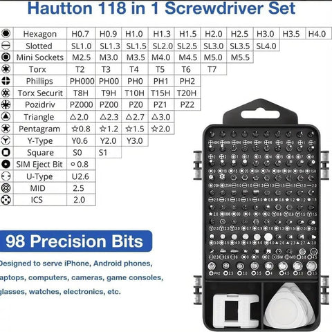 118-piece screwdriver set with a variety of bit types and sizes, arranged in a compact storage case