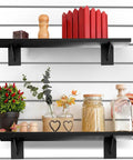 8 Pack Wood Slatwall Shelves With Heavy Duty Metal Brackets For Garage And Home Organization Built Tough As Nails For Everyday Use 23.6 By 11.8 Inches Slatwall Shelf System Durable Wall Mounted Storage Racks with decor items.