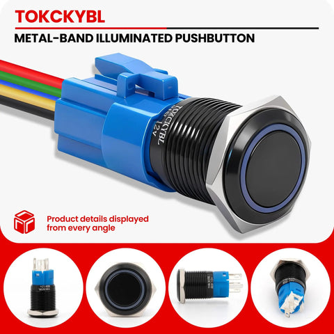 Beefy Rugged Heavy Duty 16mm Latching Push Button Switch 12V DC IP65 Waterproof With LED Angel Eye Head Black Shell
