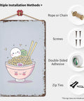 Vintage Metal Sign Ramen Theme Tin Wall Art For Home Office Garage Decor Cute Japanese Style With Retro Vibe 8 By 12 Inch Aluminum Plaque With Rustic Finish Durable And Easy To Mount showing cartoon ramen bowl and installation methods