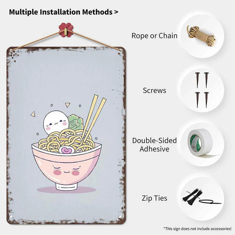 Vintage Metal Sign Ramen Theme Tin Wall Art For Home Office Garage Decor Cute Japanese Style With Retro Vibe 8 By 12 Inch Aluminum Plaque With Rustic Finish Durable And Easy To Mount showing cartoon ramen bowl and installation methods