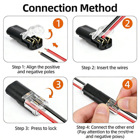 No Tools Quick Connect Wire Connectors 2 Pin Double Wire Plug In With Locking Buckle Flame Retardant Lock Strip Connector 18-22 AWG usage steps