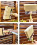 All In One Deck Stain And Sealer Block Paint Brush Set for Wood, Walls, Furniture, Sheds and Fences in use on wood panel