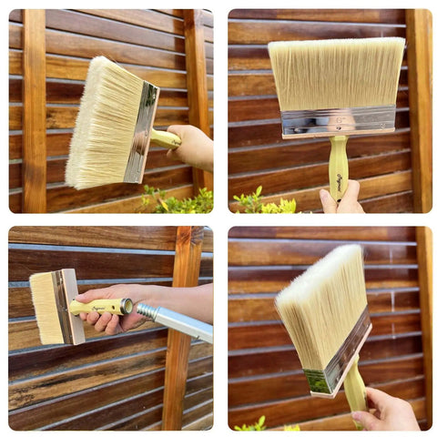 All In One Deck Stain And Sealer Block Paint Brush Set for Wood, Walls, Furniture, Sheds and Fences in use on wood panel