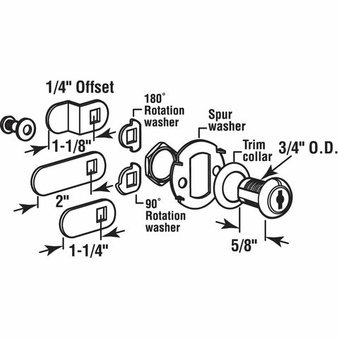 Exploded view of Beefy Diecast Drawer and Cabinet Lock with brass finish, showing components and dimensions for installation.