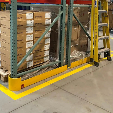 48 Inch Heavy Duty Right Hand Pallet Rack Protector Built Like A Tank Featuring Rock Hard Steel Half Moon Guard And Sloped Bracket To Dodge Forklift Kickbacks And Keep Your Inventory Bulletproof