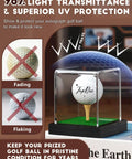Clear Acrylic Golf Ball Display Case With Wood Base And Tee Dust Proof Memorabilia Stand For One Ball Black Finish Storage Box For Collectors Dope Gift Idea with UV protection showing a golf ball inside