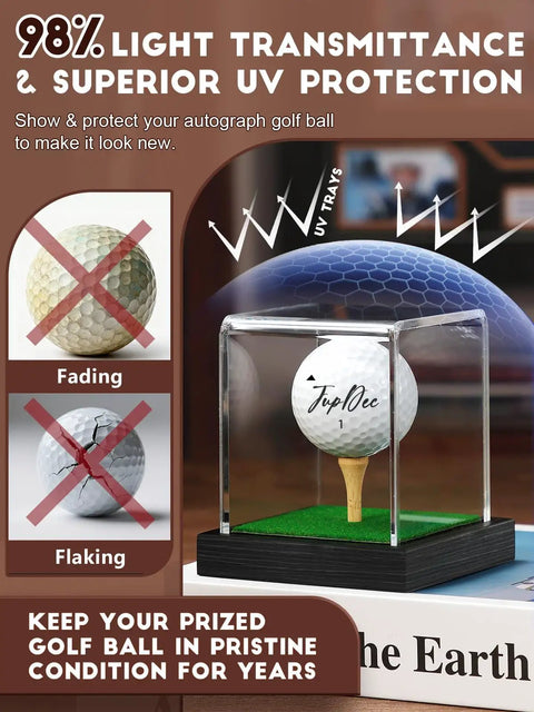 Clear Acrylic Golf Ball Display Case With Wood Base And Tee Dust Proof Memorabilia Stand For One Ball Black Finish Storage Box For Collectors Dope Gift Idea with UV protection showing a golf ball inside