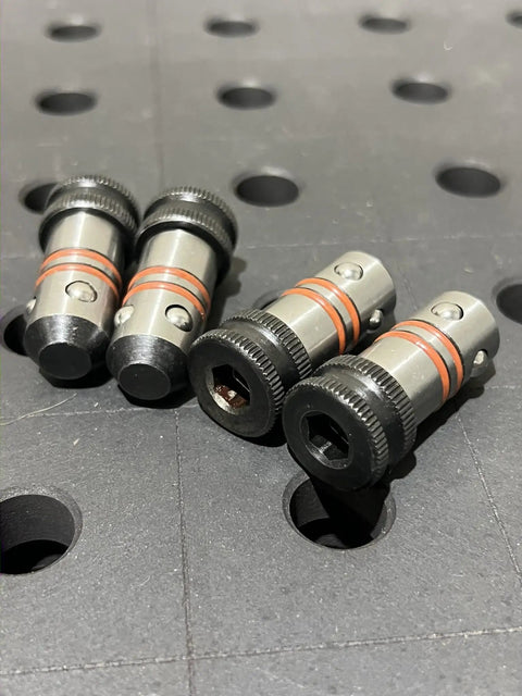 Hassle Free 5/8 Quick Release Ball Lock Pins For Modular Welding Fixture Tables 4 Pack Heavy Duty Steel Workholding Clamps on black surface.