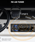 Beast Bluetooth Marine Stereo For Boats Single Din Boat Radio Receiver with LCD screen showing FM AM tuner frequencies.