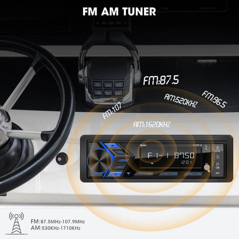 Beast Bluetooth Marine Stereo For Boats Single Din Boat Radio Receiver with LCD screen showing FM AM tuner frequencies.