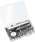 Durable Quarter Inch Grommet Kit With Tool Set Of 120 Metal Eyelets And Punch Tools In A Handy Storage Case displayed open.