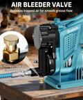 Electric Cordless Grease Gun Kit With 12,000 PSI Max Pressure, shown with air bleeder valve and teal design for smooth grease flow