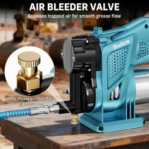 Electric Cordless Grease Gun Kit With 12,000 PSI Max Pressure, shown with air bleeder valve and teal design for smooth grease flow