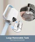 Tough Six In One Rotary Steam Mop With Dual Heat Settings And A Long Twenty Three Foot Cord for easy water filling with removable tank.