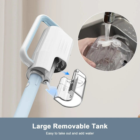 Tough Six In One Rotary Steam Mop With Dual Heat Settings And A Long Twenty Three Foot Cord for easy water filling with removable tank.