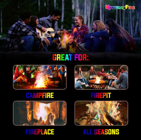 Image of Color Changing Fire Packets For Campfires And Fire Pits, 50 Count, Pulsating Blues Greens Purples Reds, Indoor Or Outdoor Fireplace Show, Magical Flames Colorant For Cozy Nights in use around campfire and fireplace with colorful flames.