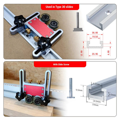Pro Grade Table Saw Roller Jig for 30 mm Tracks T Slots, aluminum anodized, dual polyurethane wheels, woodworking tool close-up