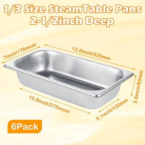 Six Pack 1/3 Size Stainless Steel Steam Table Pans 2.5 Inch Deep Hotel Pan Trays For Buffet And Catering Heavy Duty
