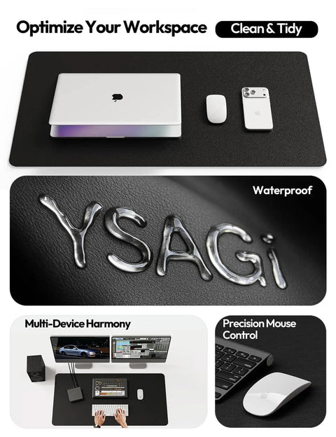 Leather Office Desk Pad Protector, Large Non Slip PU Leather Mouse Pad And Writing Desk Blotter, Waterproof Guard For Home And Office, Scratch Spill And Heat Resistant, 23.6 By 13.8 Inches, Black, shown with laptop and phone.