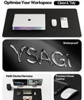 Boss Level PU Leather Desk Protector With Non Slip Grip And Waterproof Surface Sweet Wrist Rest For Smooth Mouse Slide and Kickass Desk Coverage At Home Or Office on a clean workspace.