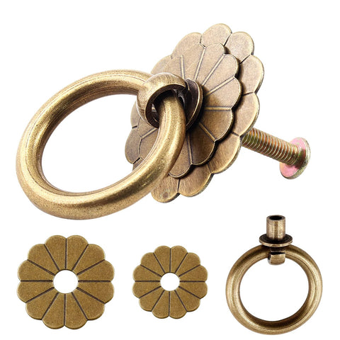 Set Of Six Antique Brass Ring Pulls For Drawers And Cabinets With Flower Shaped Discs In Bloom Design Made From Solid Brass