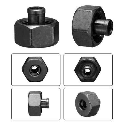 Router Collet Kit With Four Collets One Eighth Inch One Fifteen Sixty Fourth Inch One Quarter Inch And One Five Sixteenth Inch For Trim Routers And CNC Machines Pro Grade Durable Quick Change Fit showing octagonal collet close-up.