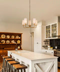 Matte Black Farmhouse Linear Island Chandelier With White Fabric Shade For Kitchen And Dining hanging over kitchen island