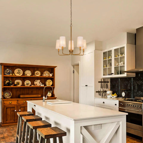 Matte Black Farmhouse Linear Island Chandelier With White Fabric Shade For Kitchen And Dining hanging over kitchen island