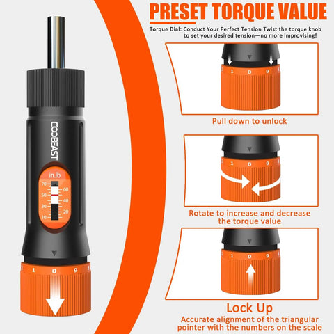 38 Piece Torque Screwdriver Set With 10-70 In-Lb Range, Includes S2 Bits, Sockets, And Storage Case, torque dial instructions shown
