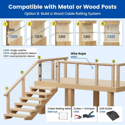 Invisible Cable Railing Hardware Kit For 4x4 Wood Posts And Metal Posts 80 Pack 40 Pairs Tensioners And Terminals One Eighth Inch Stainless Steel Deck Cable System T316 Patented Design installation guide.