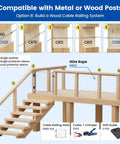 Hidden Cable Railing Kit For Four By Four Posts With Ten Pairs Of Tensioners And Terminals One Eighth Inch Stainless Steel Cable Twenty Pack For Two By Two And Four By Four Wood Or Metal Posts T316 Stainless Deck Railing Hardware diagram showing compatibility with metal or wood posts and wire rope path.