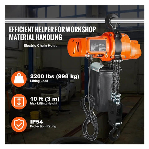 Heavy Duty 2200 Lbs Electric Chain Hoist Single Phase Overhead Lifting Crane With 10 Ft Wired Remote Auto Brake and tough copper motor.