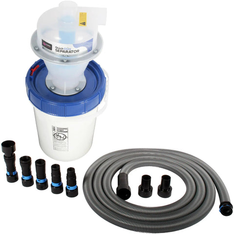 Quick Click Dust Separator With 5 Gallon Locking Collection Bin And Power Tool Adapter Set With 16 Ft Hose shown assembled