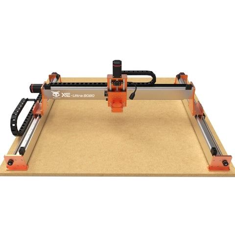 Big Benchtop CNC Router With 33x33 Inch Work Area And Four Point Seven Two Inch Pass Height NEMA 23 Closed Loop Steppers 16mm XY Ball Screws 12mm Z Screw Beefy Rigidity For Wood Aluminum Acrylic Carbon Fiber DIY Cutting in front view on a workbench.