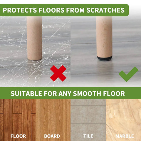 Two chair legs on floor, left scratched, right with Three Quarters Inch Nail On Chair Leg Floor Protectors Glides for Chairs.