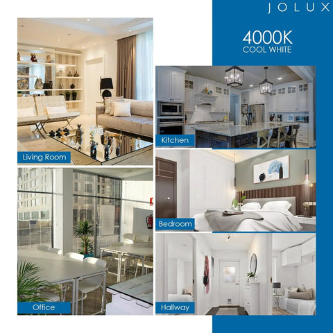 Collage showing modern living room, kitchen, office, bedroom, and hallway illuminated by 4000K cool white lighting.