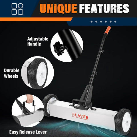 Heavy Duty 45 Pound Magnetic Nail Sweeper With Rollin Wheels Telescopic 17 Inch Broom Large Nail Finder Magnet Tool For Yard Cleanup Quick Nail Pickup Pro Grade Adjustable Handle For Home Projects