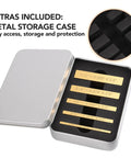 Solid Brass Setup Blocks Height Gauge Set Of Five With Laser Marked Readouts in metal storage case, showing detailed size markings.