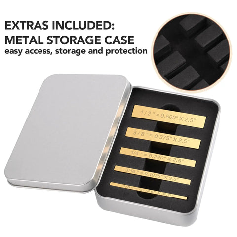 Solid Brass Setup Blocks Height Gauge Set Of Five With Laser Marked Readouts in metal storage case, showing detailed size markings.