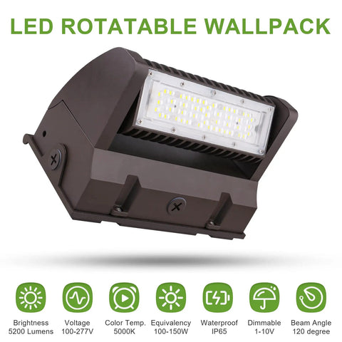 40W LED Full Cutoff Wall Pack Light With Adjustable Rotatable Head 5400LM 5000K IP65, waterproof outdoor light, side view.