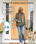 Slick WiFi Smart Deadbolt And Keyless Entry Door Lock With No Sweat App Connect Alexa Voice Commands Clean Guest Codes And Heavy Duty Frame For Straight Up Reliable Security on a wooden door with a woman and dog.