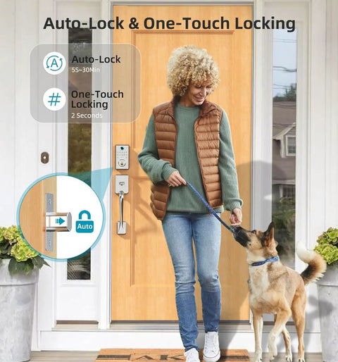 Slick WiFi Smart Deadbolt And Keyless Entry Door Lock With No Sweat App Connect Alexa Voice Commands Clean Guest Codes And Heavy Duty Frame For Straight Up Reliable Security on a wooden door with a woman and dog.