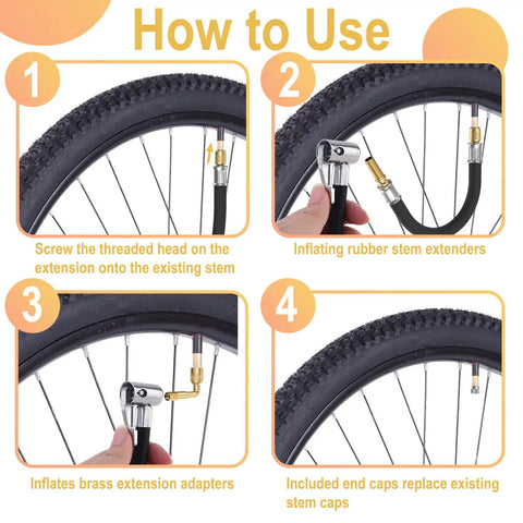 Guide showing how to use Flexible Tire Valve Extender Kit 8.25 Inch 90 Degree Schrader Adapter Universal Valve Stem Extension.