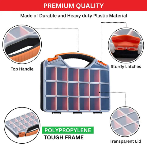 Portable 18 Compartment Parts Organizer Box With Removable Plastic Dividers, orange durable case with handle and transparent lid